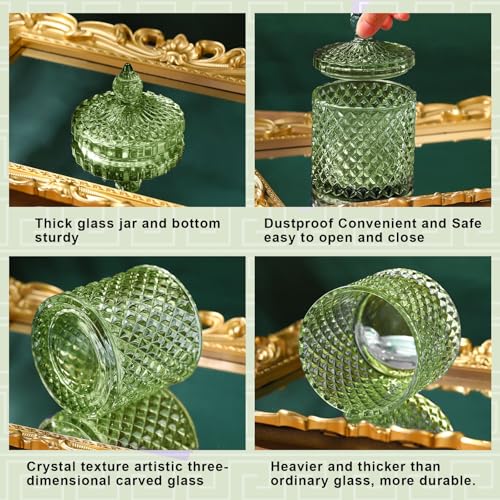 Aoriher 4 Pcs Crystal Glass Candy Jar Set with Lids Home Decorative Storage Jars for Apothecary, Bathroom, Kitchen, and Pantry, Ideal for Cotton Swabs and Jewelry (Medium,Green) - Image 3