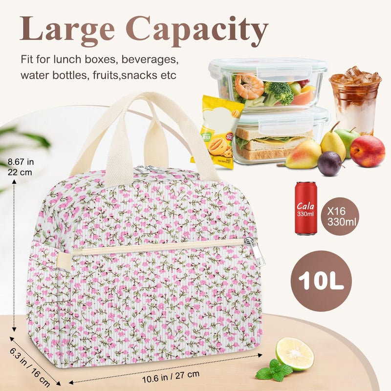 KUBYA Lunch Box for Women, Cute Flower Corduroy Insulated Lunch Bag Women Reusable Work Leakproof Simple Adults Large Lunch Boxes Tote Bag Men Cooler Bag - Image 4