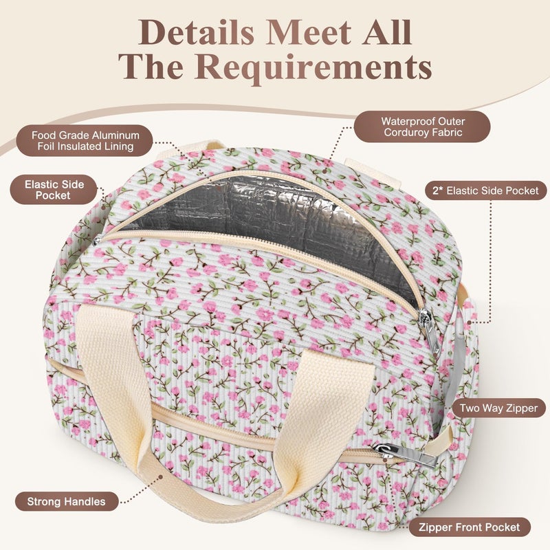 KUBYA Lunch Box for Women, Cute Flower Corduroy Insulated Lunch Bag Women Reusable Work Leakproof Simple Adults Large Lunch Boxes Tote Bag Men Cooler Bag - Image 3
