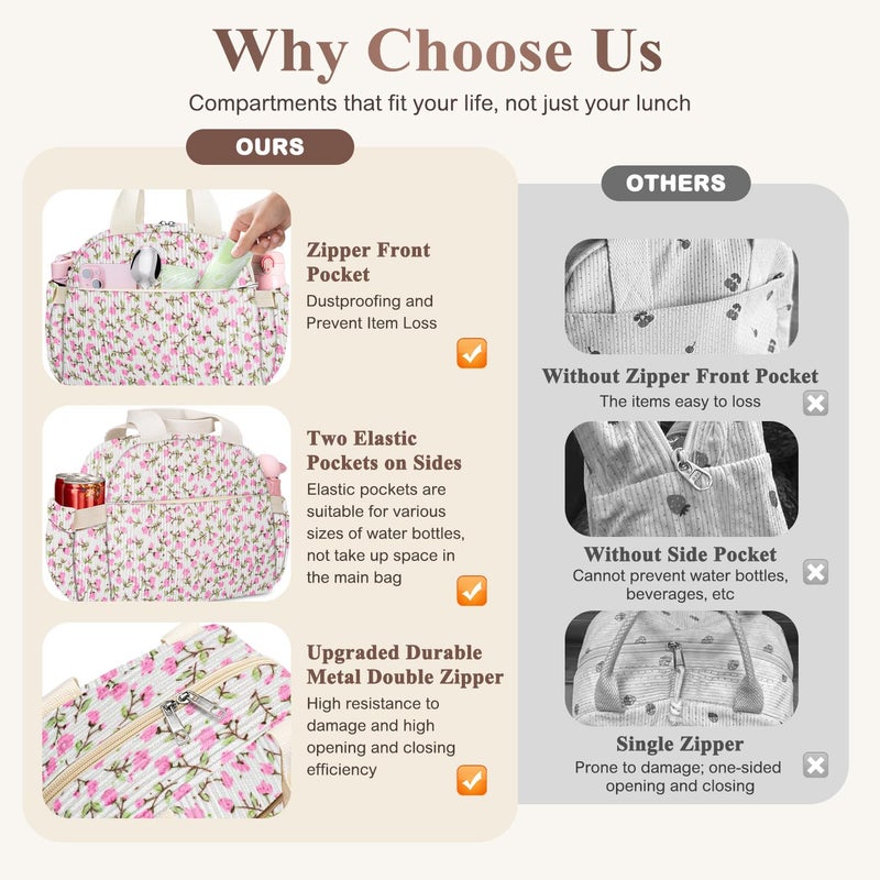 KUBYA Lunch Box for Women, Cute Flower Corduroy Insulated Lunch Bag Women Reusable Work Leakproof Simple Adults Large Lunch Boxes Tote Bag Men Cooler Bag - Image 5