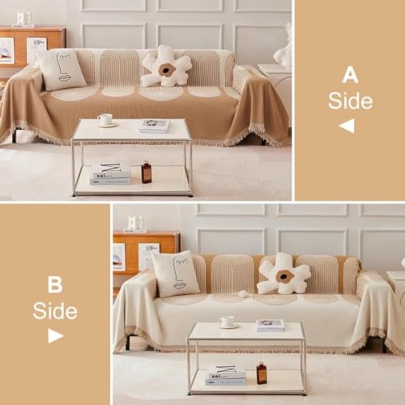 Double Sided Chenille Sofa Cover, Sofa Cover Towel, Couch Slipcovers with Tassels Couch, Stylish Sofa Cover can be used as Sofa Blanket, shawl, Usable in All Seasons Beige, 180 * 180 - Image 3
