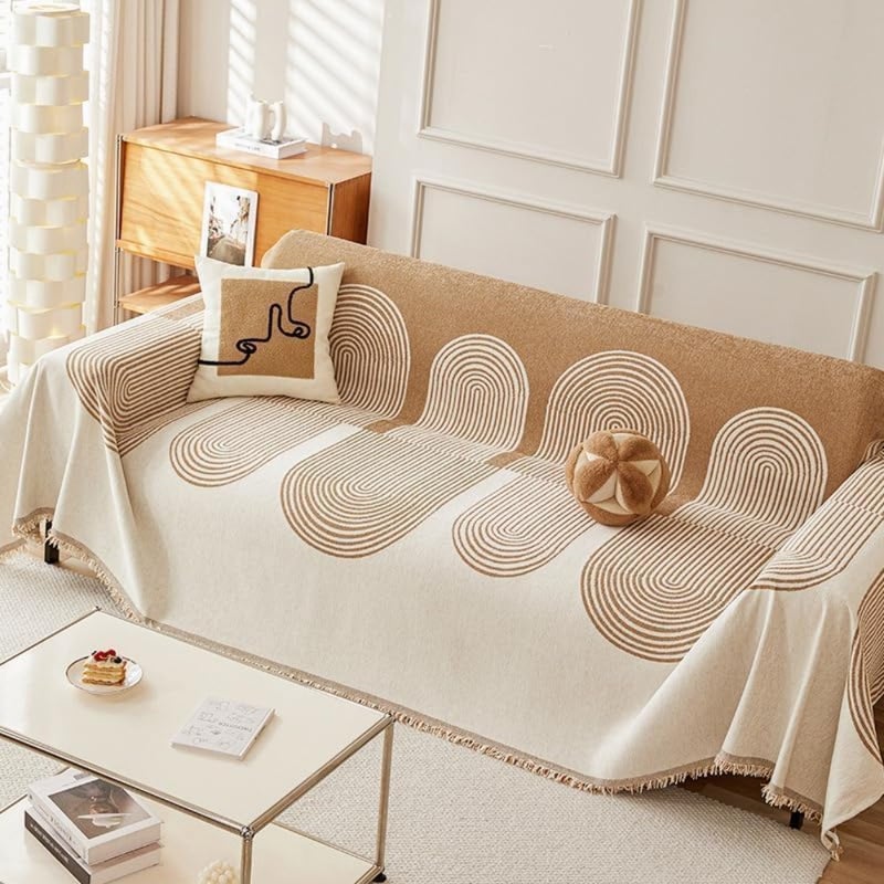 Double Sided Chenille Sofa Cover, Sofa Cover Towel, Couch Slipcovers with Tassels Couch, Stylish Sofa Cover can be used as Sofa Blanket, shawl, Usable in All Seasons Beige, 180 * 180 - Image 2