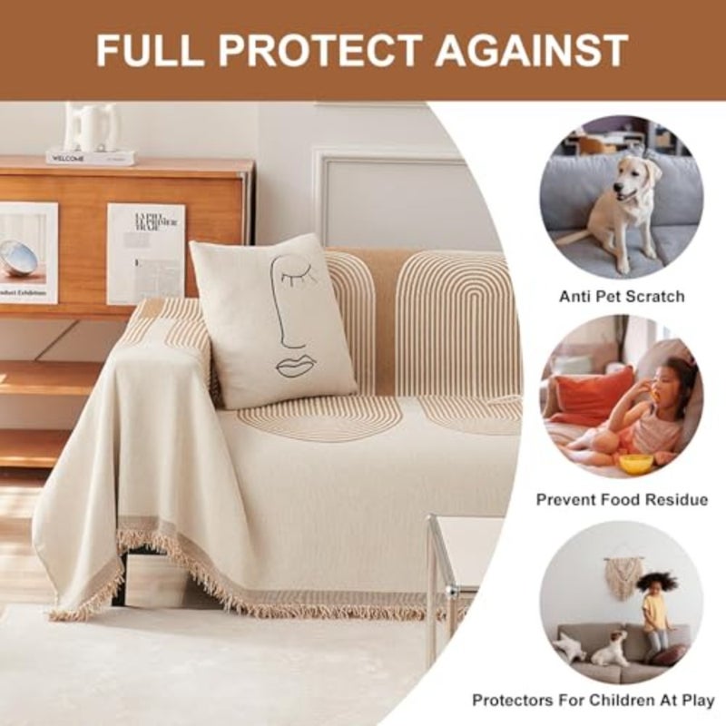 Double Sided Chenille Sofa Cover, Sofa Cover Towel, Couch Slipcovers with Tassels Couch, Stylish Sofa Cover can be used as Sofa Blanket, shawl, Usable in All Seasons Beige, 180 * 180 - Image 5
