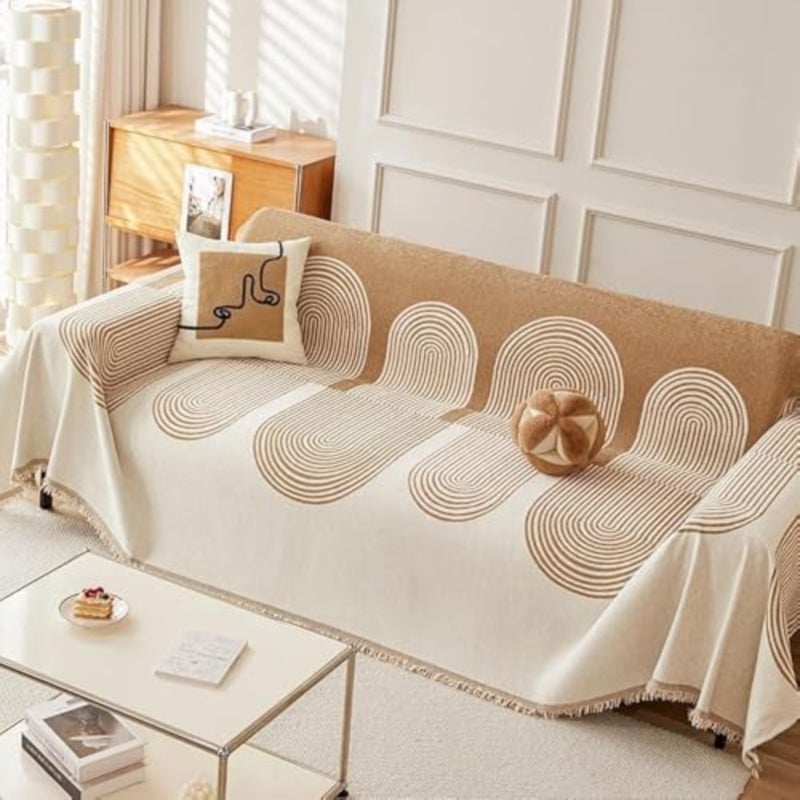 Double Sided Chenille Sofa Cover, Sofa Cover Towel, Couch Slipcovers with Tassels Couch, Stylish Sofa Cover can be used as Sofa Blanket, shawl, Usable in All Seasons Beige, 180 * 180 - Image 1