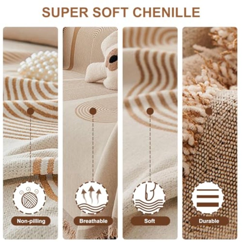 Double Sided Chenille Sofa Cover, Sofa Cover Towel, Couch Slipcovers with Tassels Couch, Stylish Sofa Cover can be used as Sofa Blanket, shawl, Usable in All Seasons Beige, 180 * 180 - Image 4