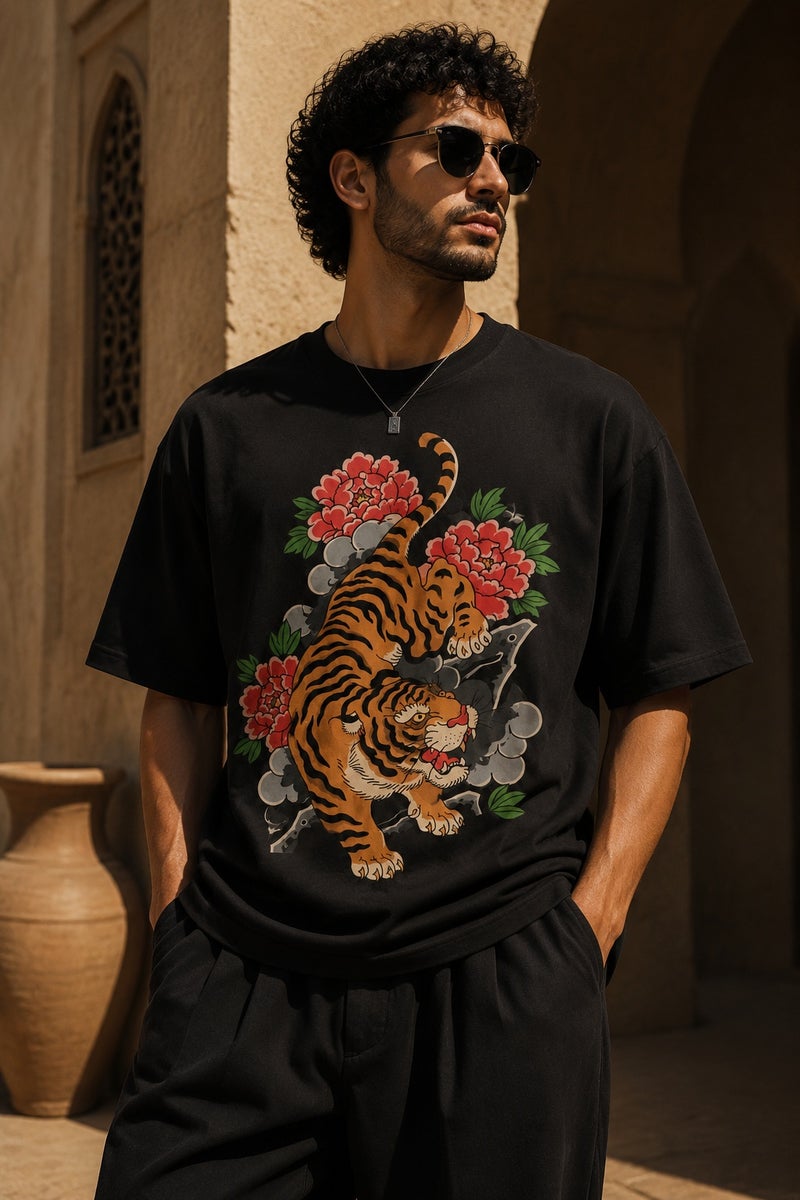 Men's Oversized Black Tiger Graphic T-Shirt Casual Short Sleeve Crew Neck Streetwear Tee - Image 5