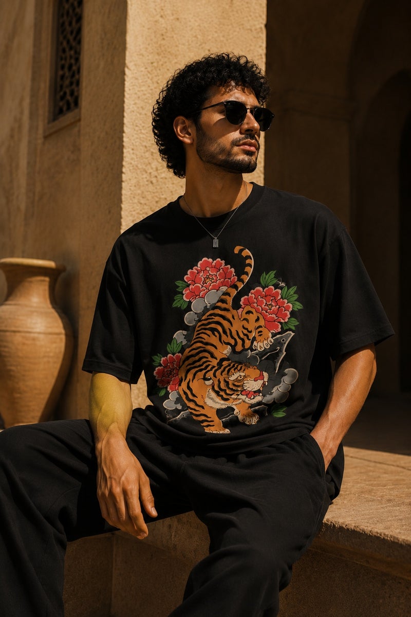Men's Oversized Black Tiger Graphic T-Shirt Casual Short Sleeve Crew Neck Streetwear Tee - Image 4