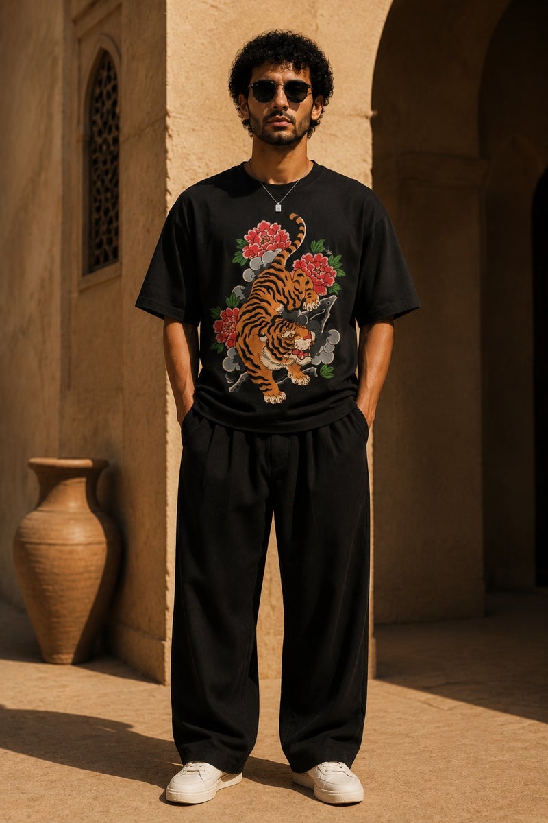 Men's Oversized Black Tiger Graphic T-Shirt Casual Short Sleeve Crew Neck Streetwear Tee - Image 2