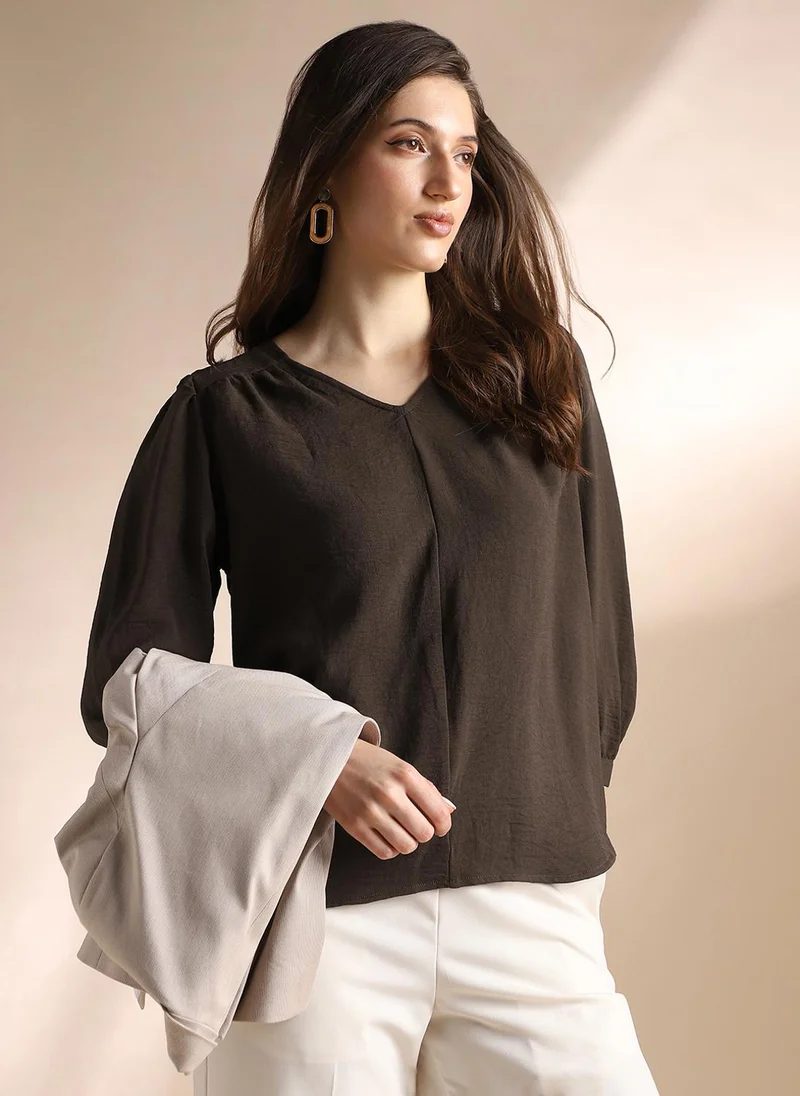 globus Globus Women Brown Self Design V-Neck Gathered Detail Workwear Top