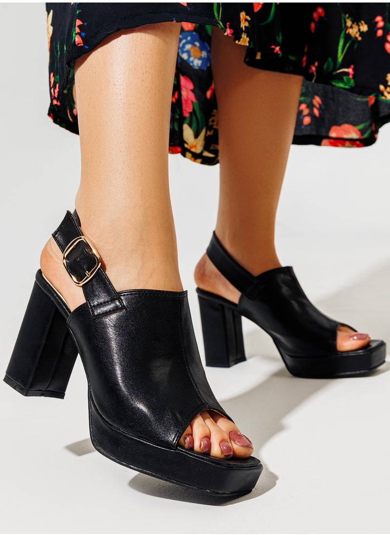 LIFESTYLISH - Sandal Heels Leather Buckle Closure H-10 - Black - Image 1
