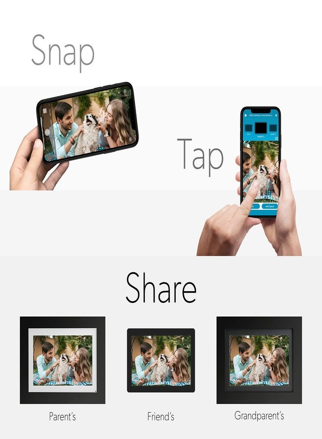 بروكستون إطار الصور الرقمي الذكي Brookstone PhotoShare مقاس 8 بوصات، إمكانية إرسال الصور من الهاتف إلى الإطار، يدعم الواي فاي، سعة تخزين 8 جيجابايت، يتسع لأكثر من 5000 صورة، شاشة لمس عالية الدقة، مصنوع من خشب أسود فاخر، سهل الإعداد، بدون رسوم، إصدار جديد - Image 2