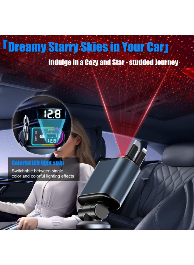 Walpck Retractable Car Charger with Starlight, 66W 4-in-1 Car Charger with Starlight Roof & 2 USB Ports - Fast Charging Cars Phone Chargers USB C Adapter for iPhone 16/15/14 & Android (Dark Grey) - Image 2