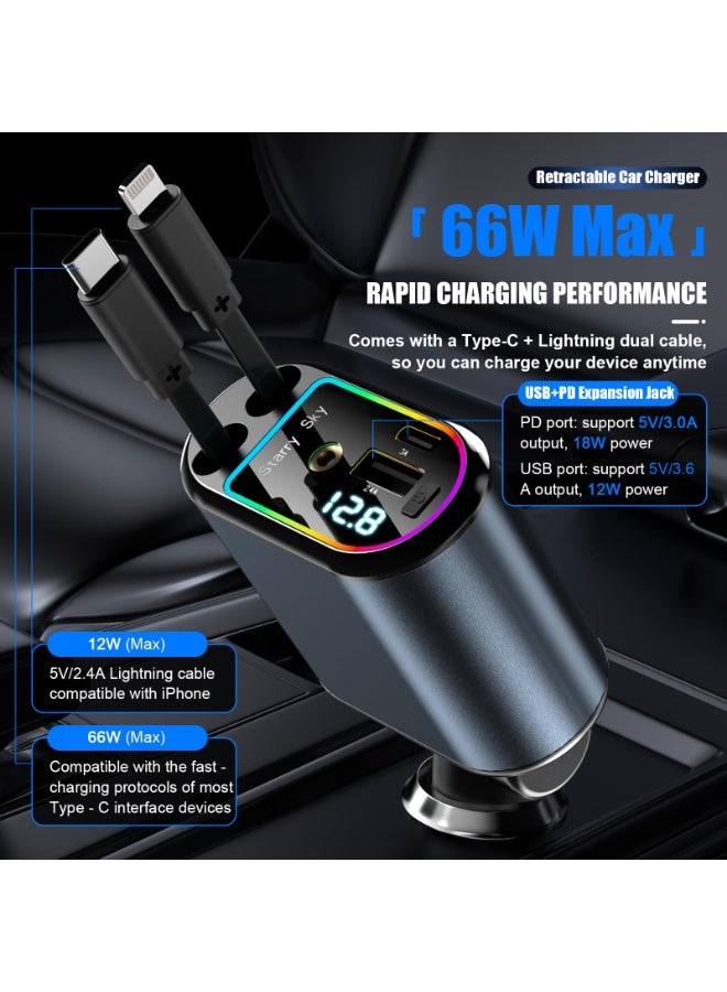 Walpck Retractable Car Charger with Starlight, 66W 4-in-1 Car Charger with Starlight Roof & 2 USB Ports - Fast Charging Cars Phone Chargers USB C Adapter for iPhone 16/15/14 & Android (Dark Grey) - Image 3