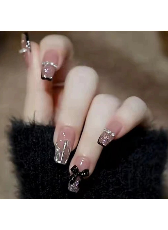 Goolsky French Black Trim Chain Bow Press-on Nails in Nude for Chic Edgy Appearance - Image 3