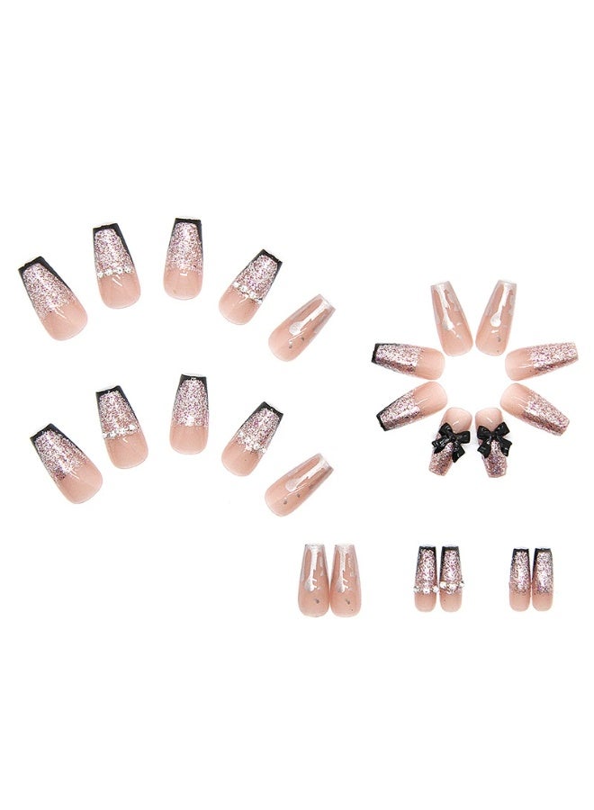 Goolsky French Black Trim Chain Bow Press-on Nails in Nude for Chic Edgy Appearance - Image 1