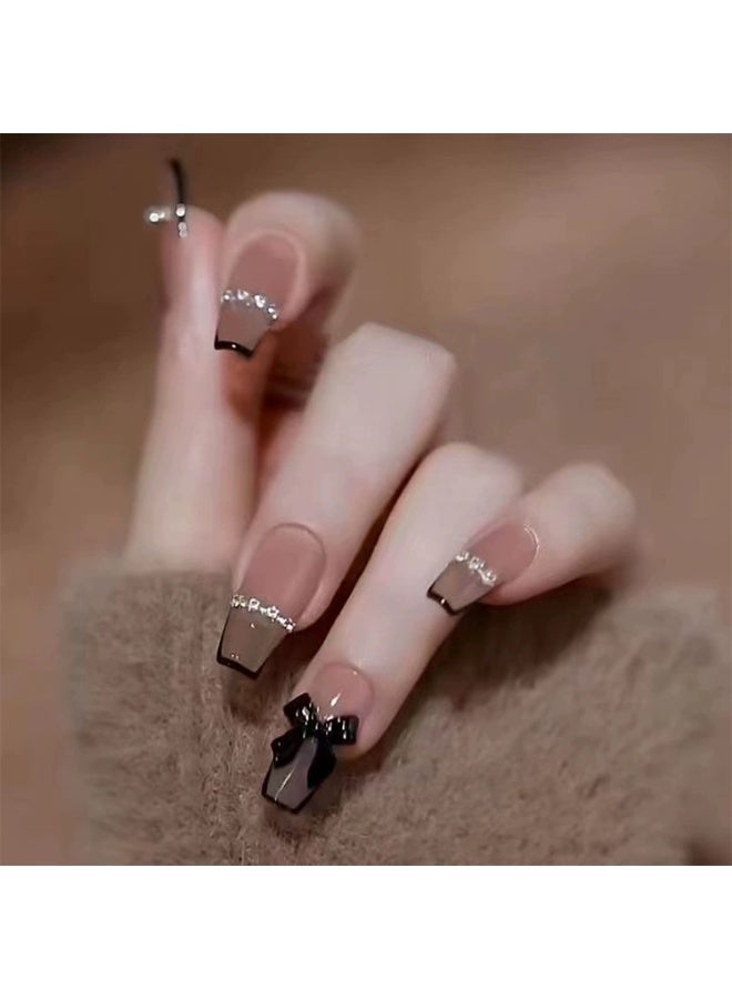 Goolsky French Black Trim Chain Bow Press-on Nails in Nude for Chic Edgy Appearance - Image 2