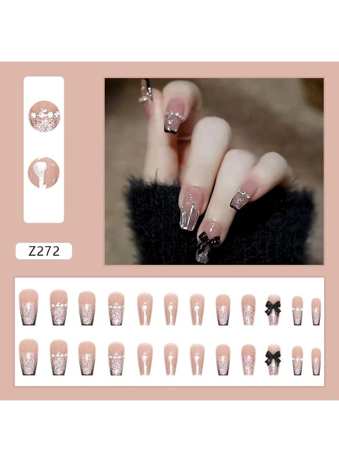 Goolsky French Black Trim Chain Bow Press-on Nails in Nude for Chic Edgy Appearance - Image 4