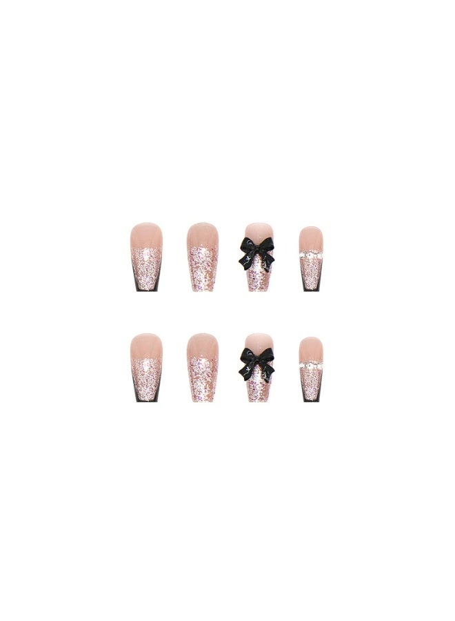 Goolsky French Black Trim Chain Bow Press-on Nails in Nude for Chic Edgy Appearance - Image 5
