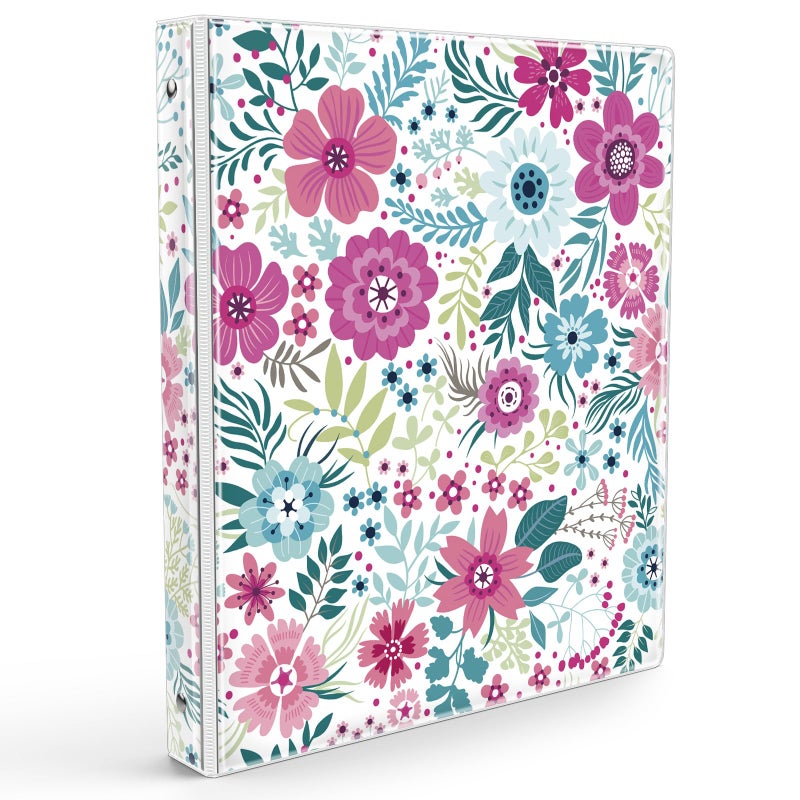 Eyrozill Floral 3 Ring Binder 1 Inch, Decorative Recipe Binders, Client Records with Clear Interior Pockets for Letter-Size(11" x 8.5") Paper, PVC Cover (Colorful) - Image 1
