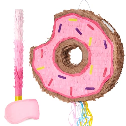 WERNNSAI Donut Piata Pink Donut Piata with String Birthday Party Decorations Piata with Stick Blindfold for Girls Kids Dount Pull String Piata Family Games Birthday Party Supplies - Image 1