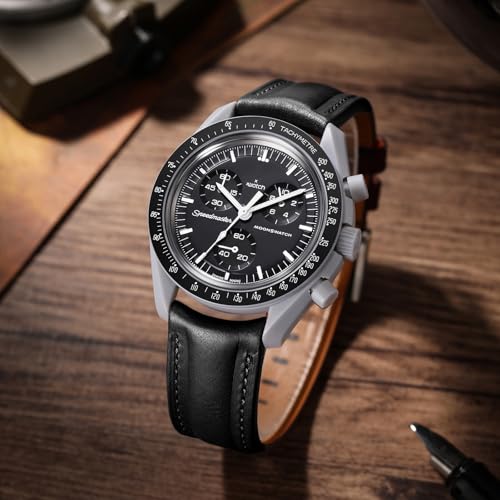 Getalia سوار ساعة جلد إيطالي كامل الحبة من Getalia بجلد نباتي مع حزام منحني، متوافق مع ساعات Omega X Swatch Moonswatch Speedmaster/Rolex/SEIKO/Swatch للرجال والنساء (أسود-العرض: 20 مم) - Image 4