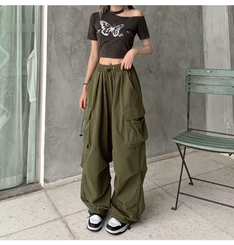 Sumleno Women Cargo Pants Baggy Y2K Clothing Multi Pockets High Waist Loose Straight Leg Pants Vintage Grunge Aesthetic Clothes (B Army Green,M) - Image 5