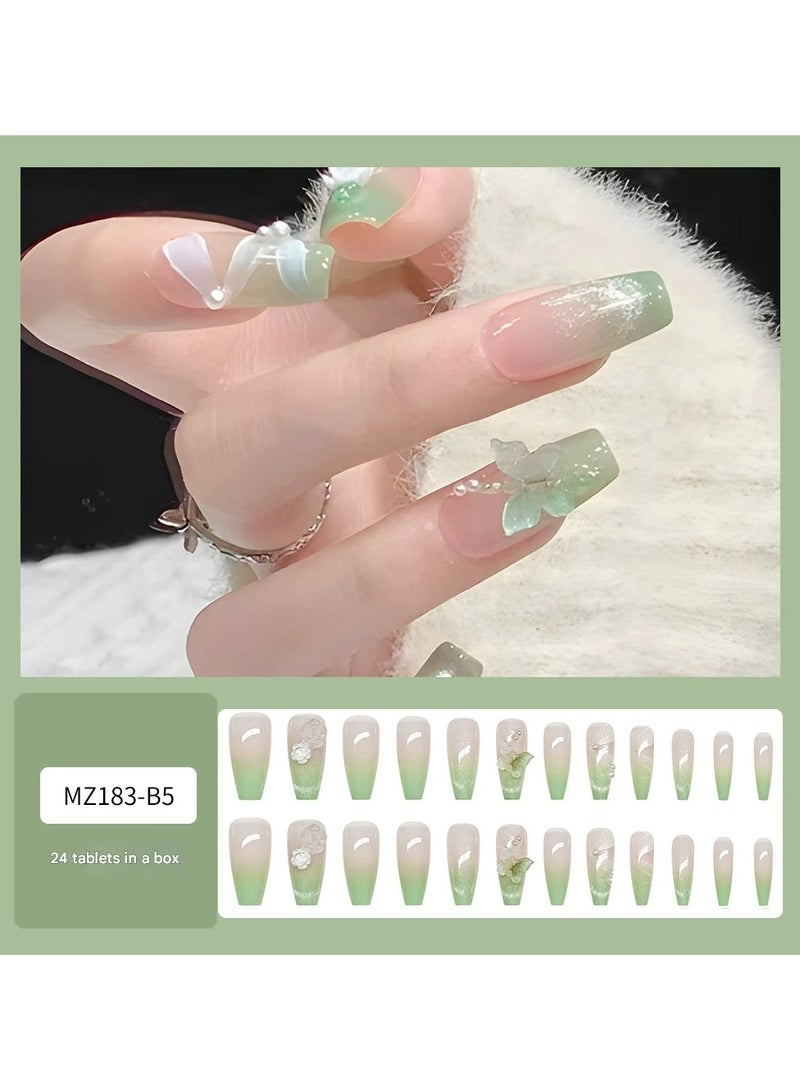 Goolsky Green Gradient Press On Nails Trapezoid Fresh Style 3D Butterfly Camellia Cat Eye Rhinestone Fake Nail Tips  - Image 1
