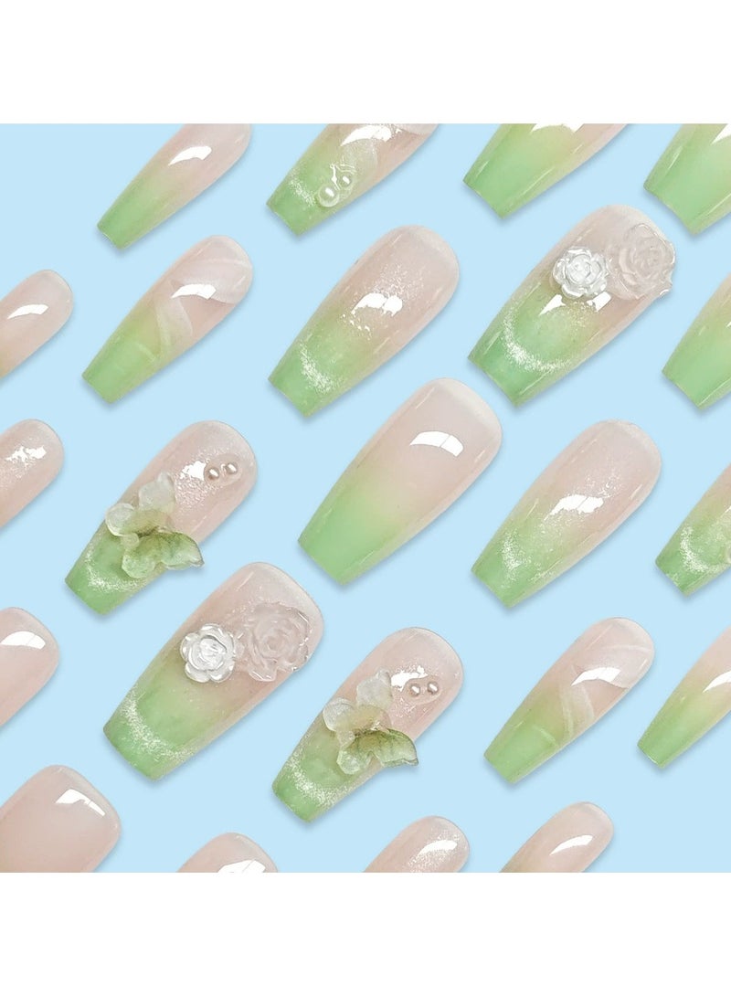 Goolsky Green Gradient Press On Nails Trapezoid Fresh Style 3D Butterfly Camellia Cat Eye Rhinestone Fake Nail Tips  - Image 2