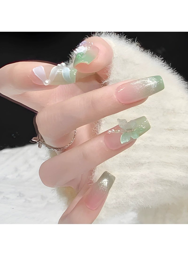 Goolsky Green Gradient Press On Nails Trapezoid Fresh Style 3D Butterfly Camellia Cat Eye Rhinestone Fake Nail Tips  - Image 3