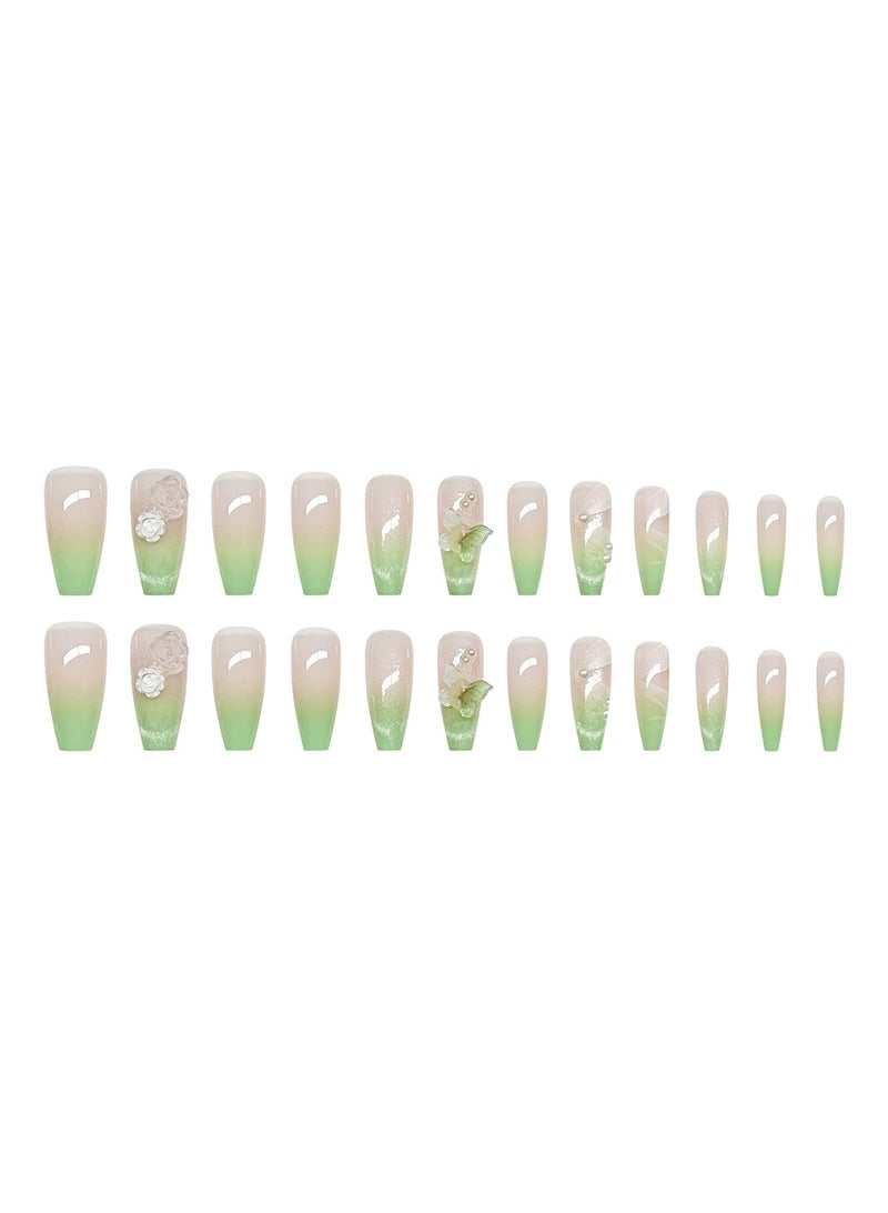 Goolsky Green Gradient Press On Nails Trapezoid Fresh Style 3D Butterfly Camellia Cat Eye Rhinestone Fake Nail Tips  - Image 4