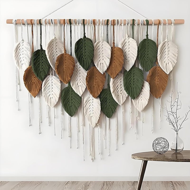 Xlot Bohemian Macrame Leaf Wall Hanging, Nature-Themed Art Deco Tapestry, White-Green-Brown Indoor Wall Decor with Wooden Dowel - Image 1