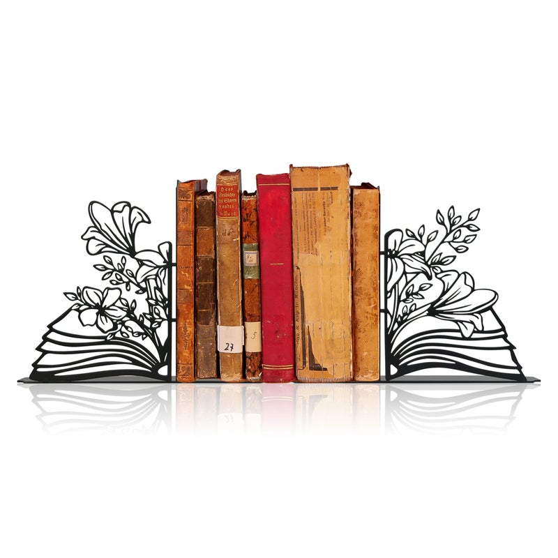 Vausart Metal Flower & Book Design Decorative Bookends â€“ Cute Bookends for Shelves, Reading Room Decor for Book Lovers - Image 1