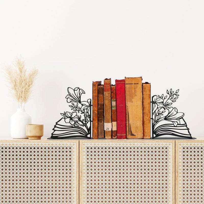 Vausart Metal Flower & Book Design Decorative Bookends â€“ Cute Bookends for Shelves, Reading Room Decor for Book Lovers - Image 3