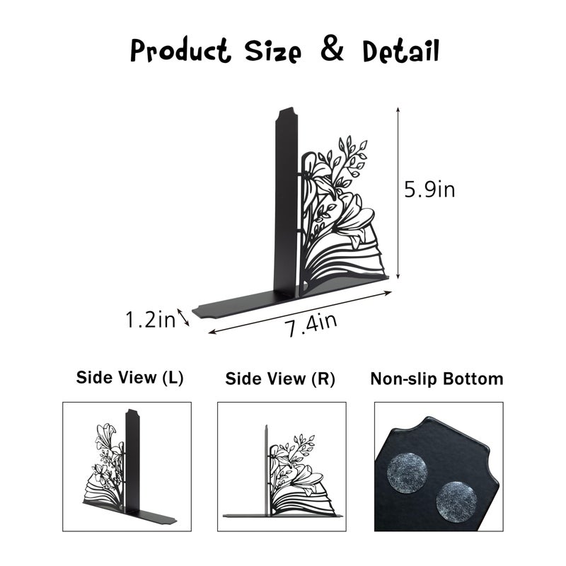 Vausart Metal Flower & Book Design Decorative Bookends â€“ Cute Bookends for Shelves, Reading Room Decor for Book Lovers - Image 2