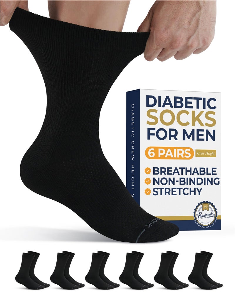 Pembrook Diabetic Socks for Men - 6 Pairs Crew Men's Black Diabetic Socks Mens 10-13 for Neuropathy, Edema - Image 1