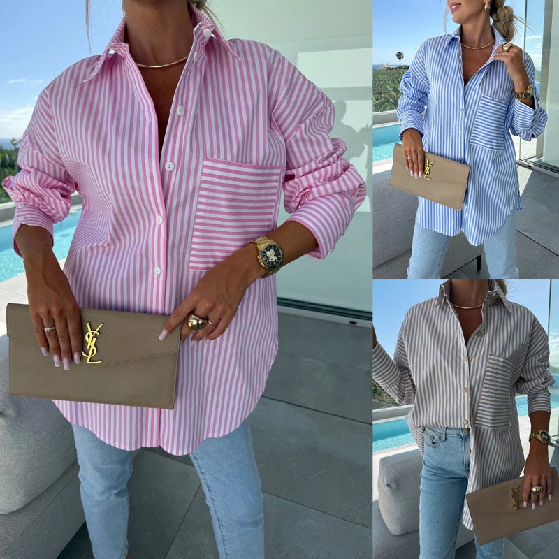 Women's Striped Long Sleeve Loose Blouse - Image 1