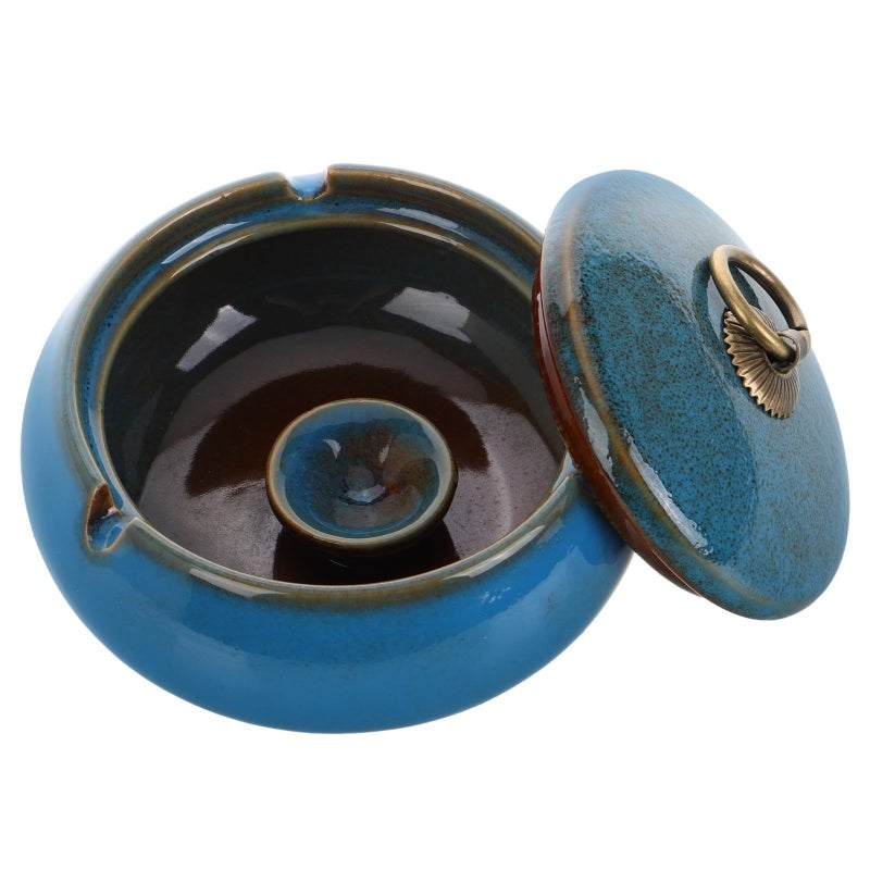 Blue Ceramic Smokeless Ashtray with Lid for Indoor Outdoor Home Office Patio Use - Image 2