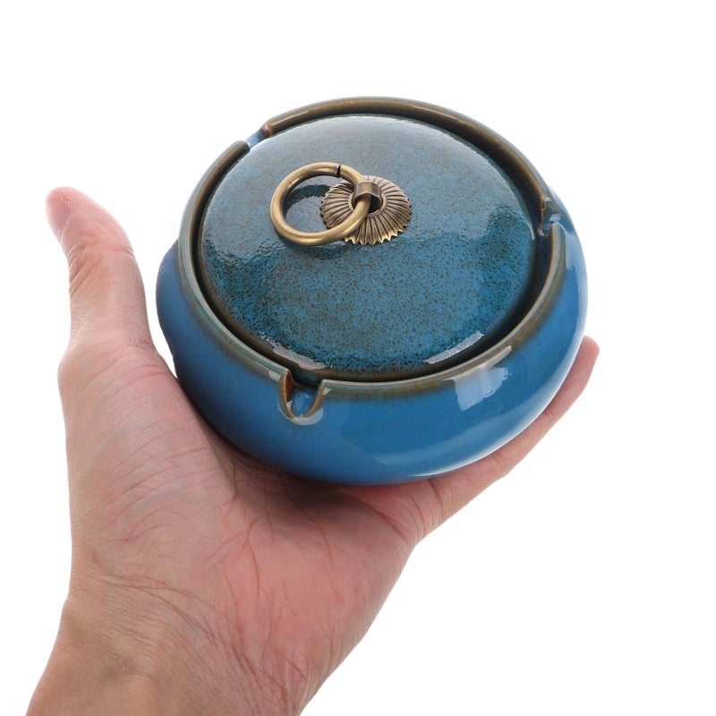 Blue Ceramic Smokeless Ashtray with Lid for Indoor Outdoor Home Office Patio Use - Image 4