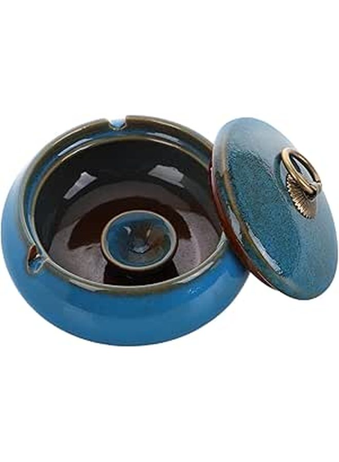 Blue Ceramic Smokeless Ashtray with Lid for Indoor Outdoor Home Office Patio Use - Image 1