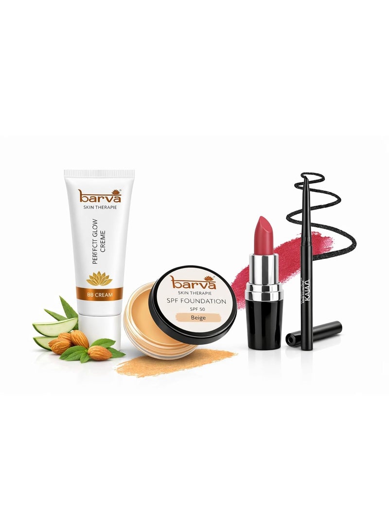 Barva Simple Makeover Kit – Ghee Enriched Makeup Combo | BB Cream 10ml, Kajal, Beige Foundation 9g & Lipstick (Fuchsia 336) 4.3g| Complete Makeup Kit for Women | Daily & Travel Use - Image 1