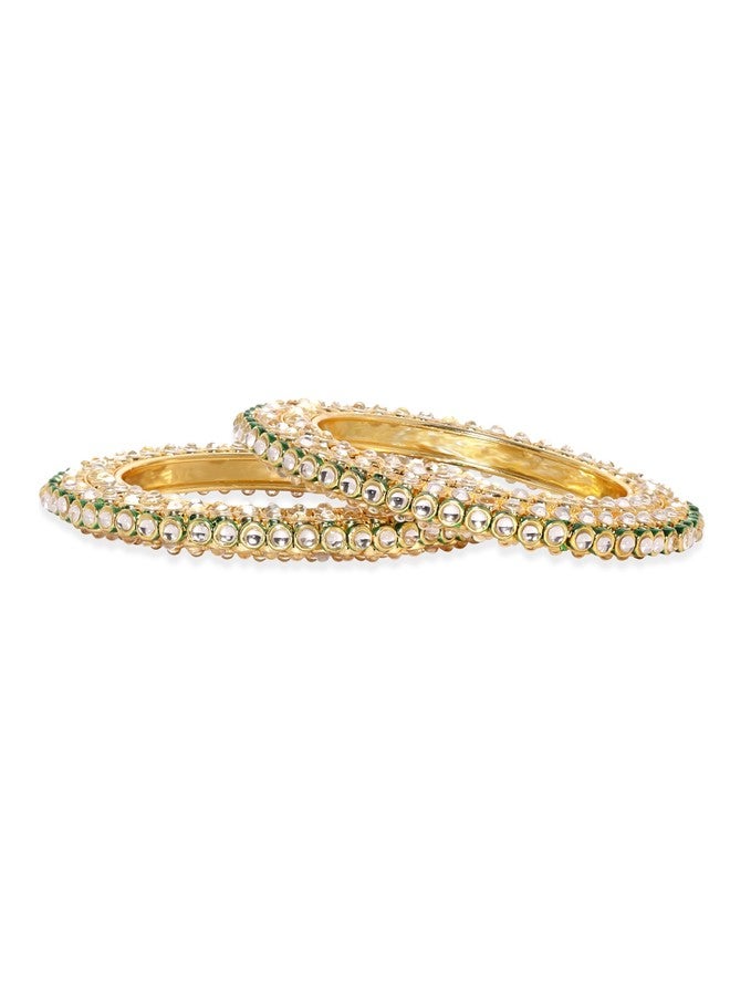 Rubans Set of 2 22K Gold-Plated Kundan Studded Handcrafted Bangles with Green Enamel Border - Image 1