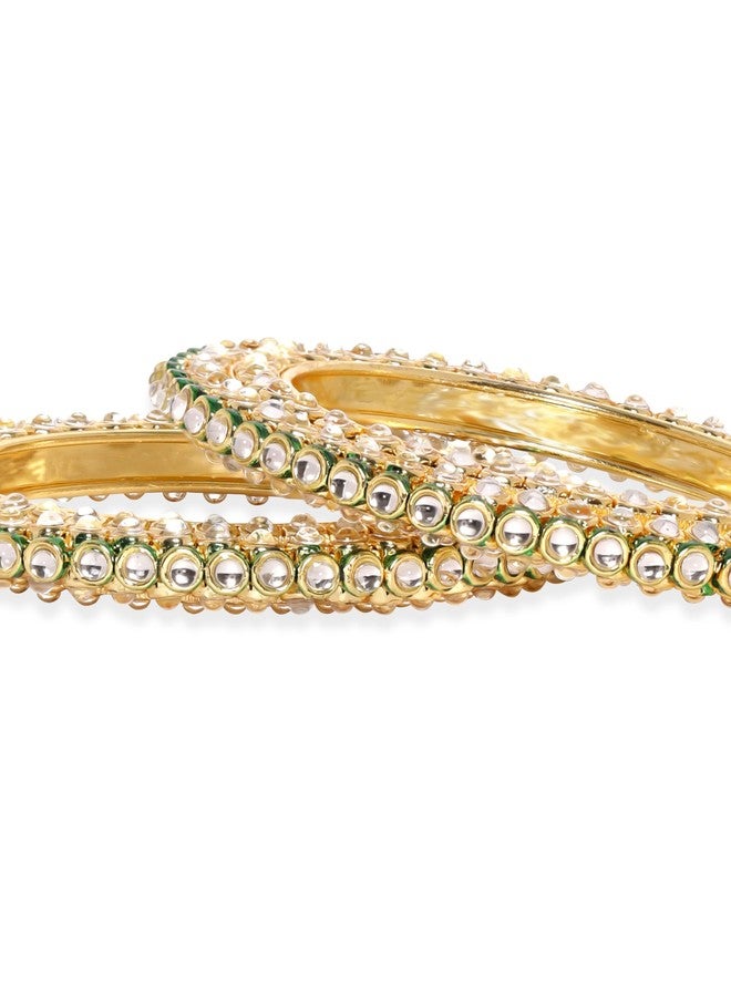 Rubans Set of 2 22K Gold-Plated Kundan Studded Handcrafted Bangles with Green Enamel Border - Image 5