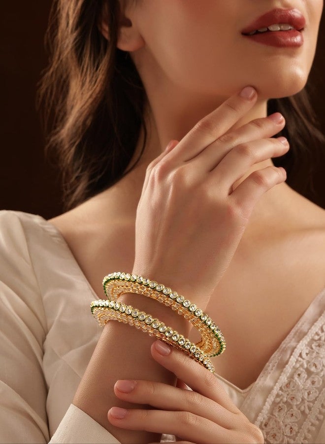 Rubans Set of 2 22K Gold-Plated Kundan Studded Handcrafted Bangles with Green Enamel Border - Image 4