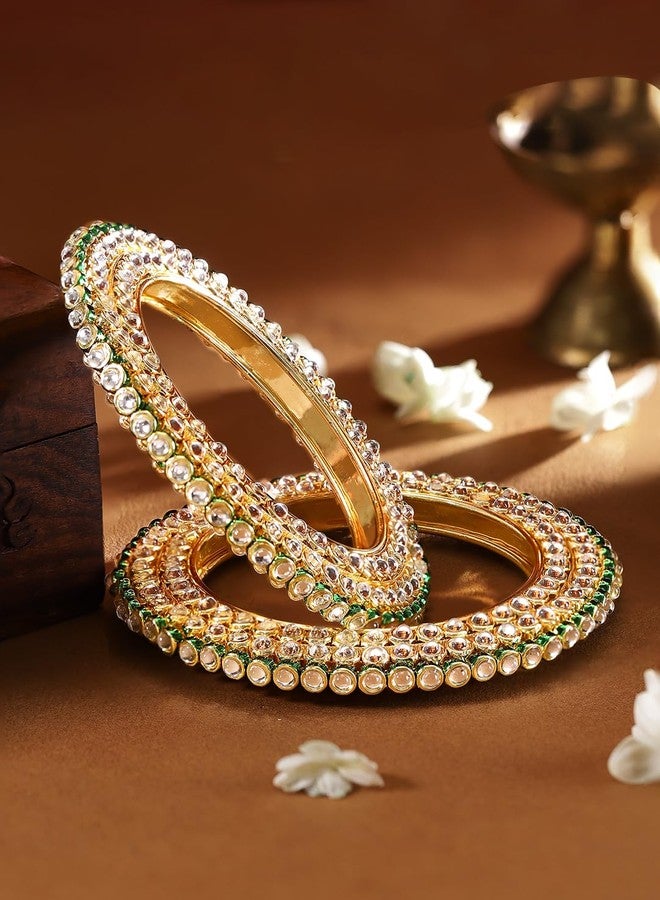 Rubans Set of 2 22K Gold-Plated Kundan Studded Handcrafted Bangles with Green Enamel Border - Image 3