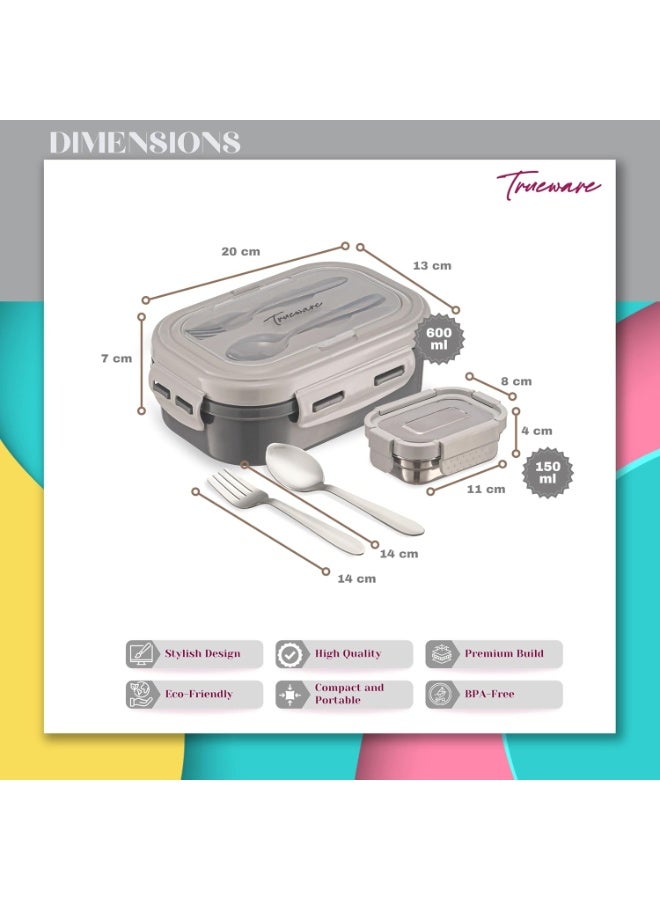 Trueware Picaso Insulated Inner Steel Thermoware BPA Free, Airtight, Food Grade, 2 Containers Lunch Box 600 ML & 150ml with spoon & fork - Image 2