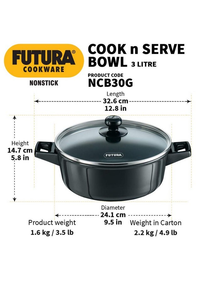Hawkins Hawkins Futura 3 Litre Cook n Serve Bowl, Non Stick Saucepan with Glass Lid, Sauce Pan for Cooking and Serving, Black (NCB30G) 