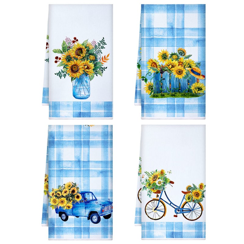 4 Pcs Sunflower Kitchen Towels Sunflower Gnome Dish Towels Sunshine Nautical Kitchen Hand Tea Cloths Housewarming Gift for Home 16 x 24BlueRomantic
