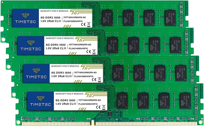 Timetec تيمتيك 32 جيجابايت كيت (4x8 جيجابايت) DDR3 1600 ميجاهرتز (DDR3-1600) PC3-12800 (PC3-12800U) غير متوازن بدون ذاكرة ECC 1.5 فولت CL11 2Rx8 مزدوج الرتبة 240 دبوس UDIMM ذاكرة كمبيوتر سطح المكتب RAM (SDRAM) ترقية الوحدة - Image 1