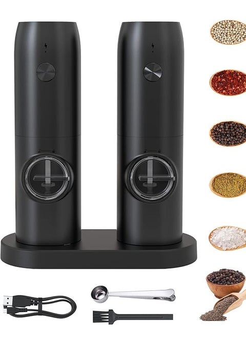 Electric  Salt and Pepper Grinder Set (2 Pack), USB Rechargeable Stainless Grinders LED Light, 5 Coarseness Adjustable, Refillable, and Portable for Kitchen with Charging Base, 70ml Large Capacity.