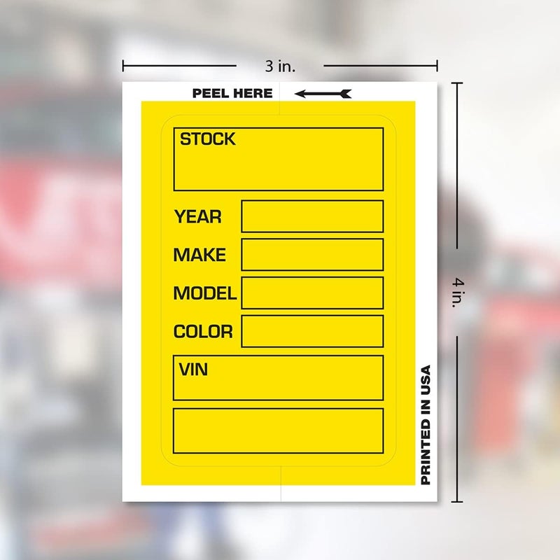 Versa-Tags Car Dealer Stock Stickers Improved Design 100 Yellow Inventory Window Stickers Car Dealer Window Stickers Kleer-bak Windshield Stickers Printed in The USA 3'' x 4" - Image 5